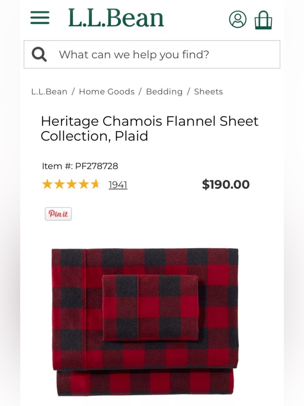LL BEAN Heritage Chamois Flannel Sheet Collection, Plaid red/charcoal twin size